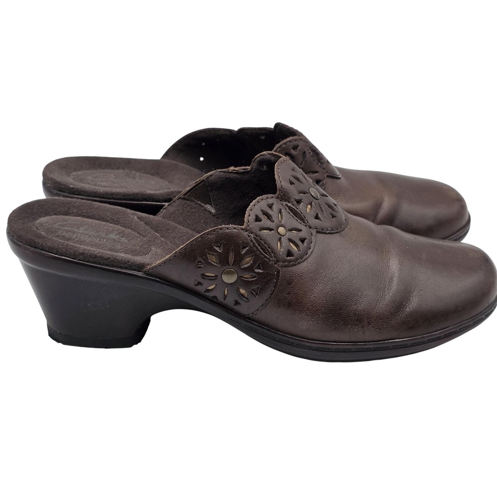 Clarks Leather Mules Women 7.5 Brown Floral Laser Cut Block Heel Clogs 64943